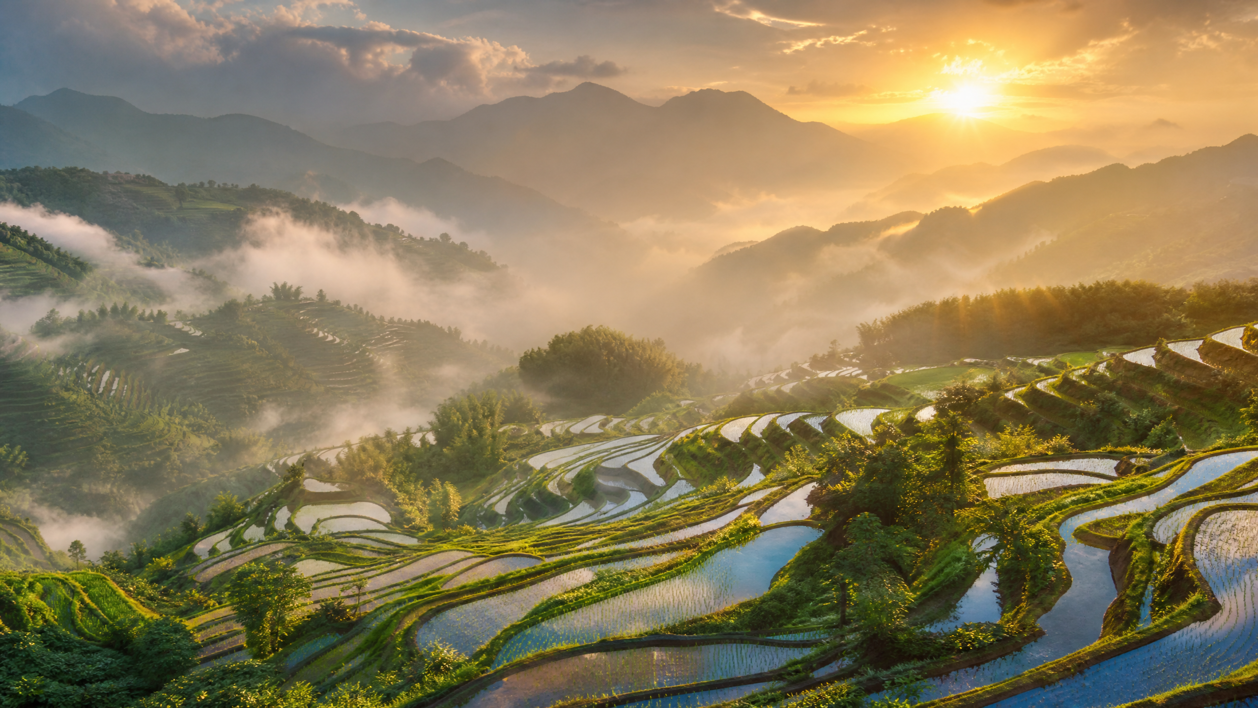 晨雾﻿梯田与柴火饭慢视频背景